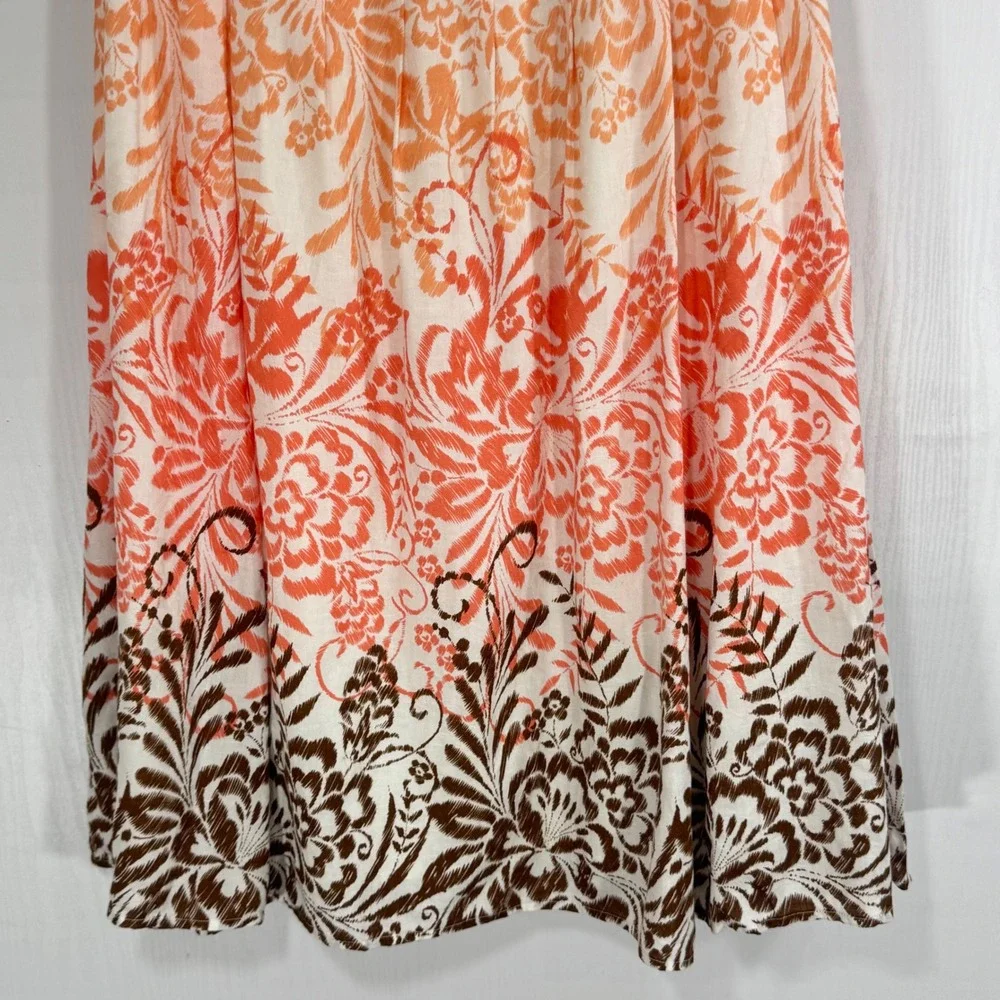 Coldwater Creek Floral boho Pleated Midi Skirt A-Line‎ Orange Brown Women Size S